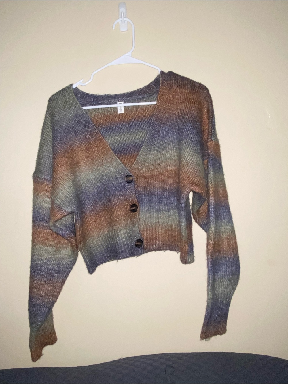 bp Cropped V-Neck Striped Cardigan in Brown, Green & Blue